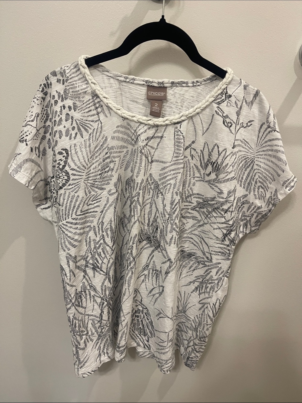 Chico's White Short Sleeve Top with Gray Safari Print and Braided Neckline